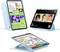 Ein Tablet zeigt eine Videoanruf-App mit drei Personen auf dem Bildschirm. Weitere Tablets zeigen Webseiten und eine Zeichenanwendung.