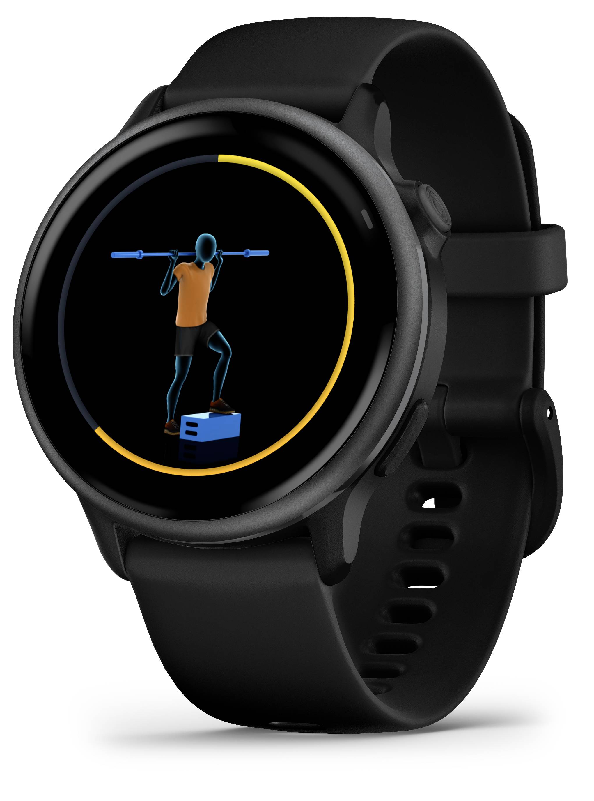 Smartwatch mit rundem Display zeigt animierte Figur, die Beinübung mit Hantel macht.