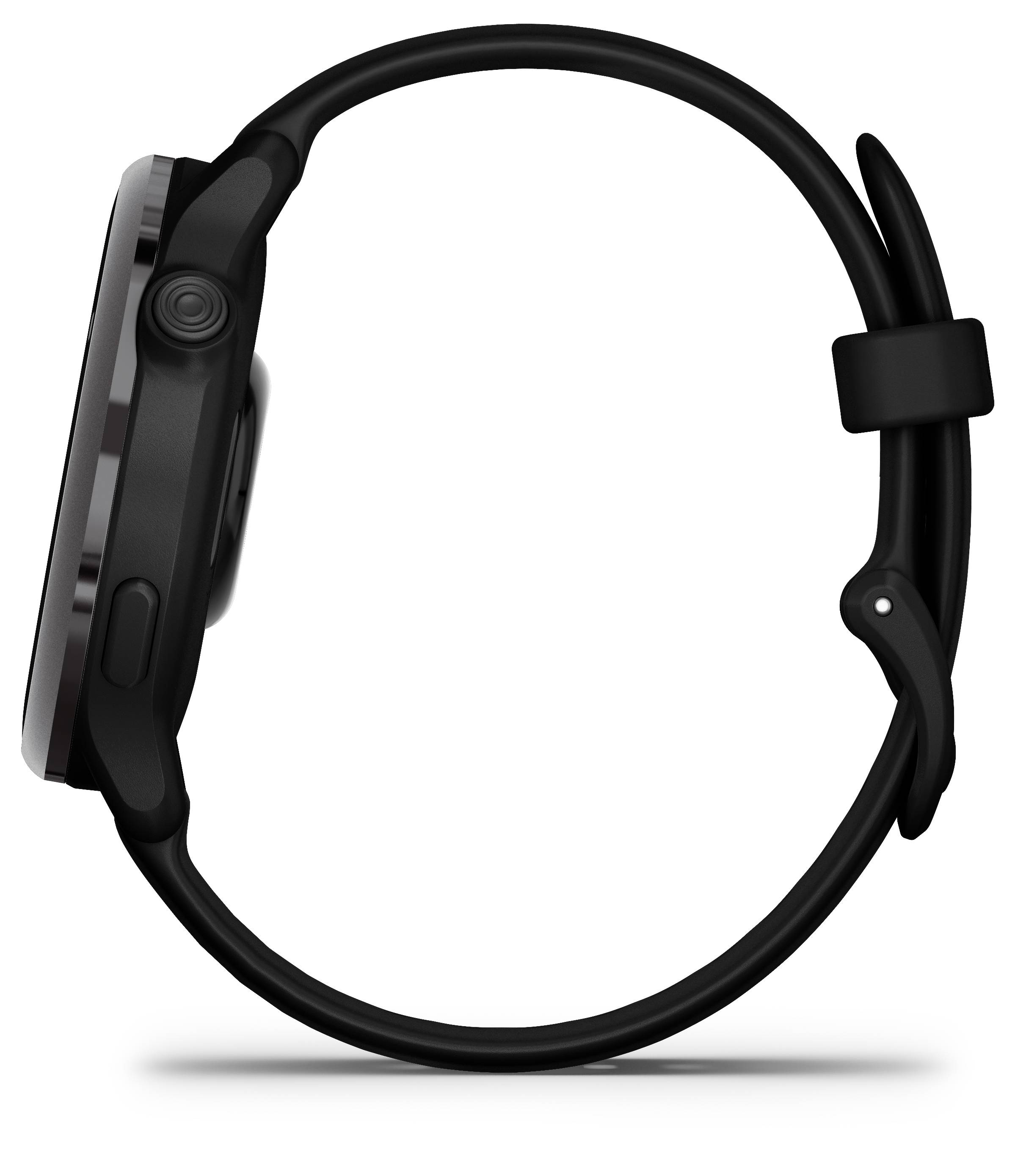 Schwarze Smartwatch aus seitlicher Perspektive; rundes Zifferblatt, moderner Look, dicker Rahmen.