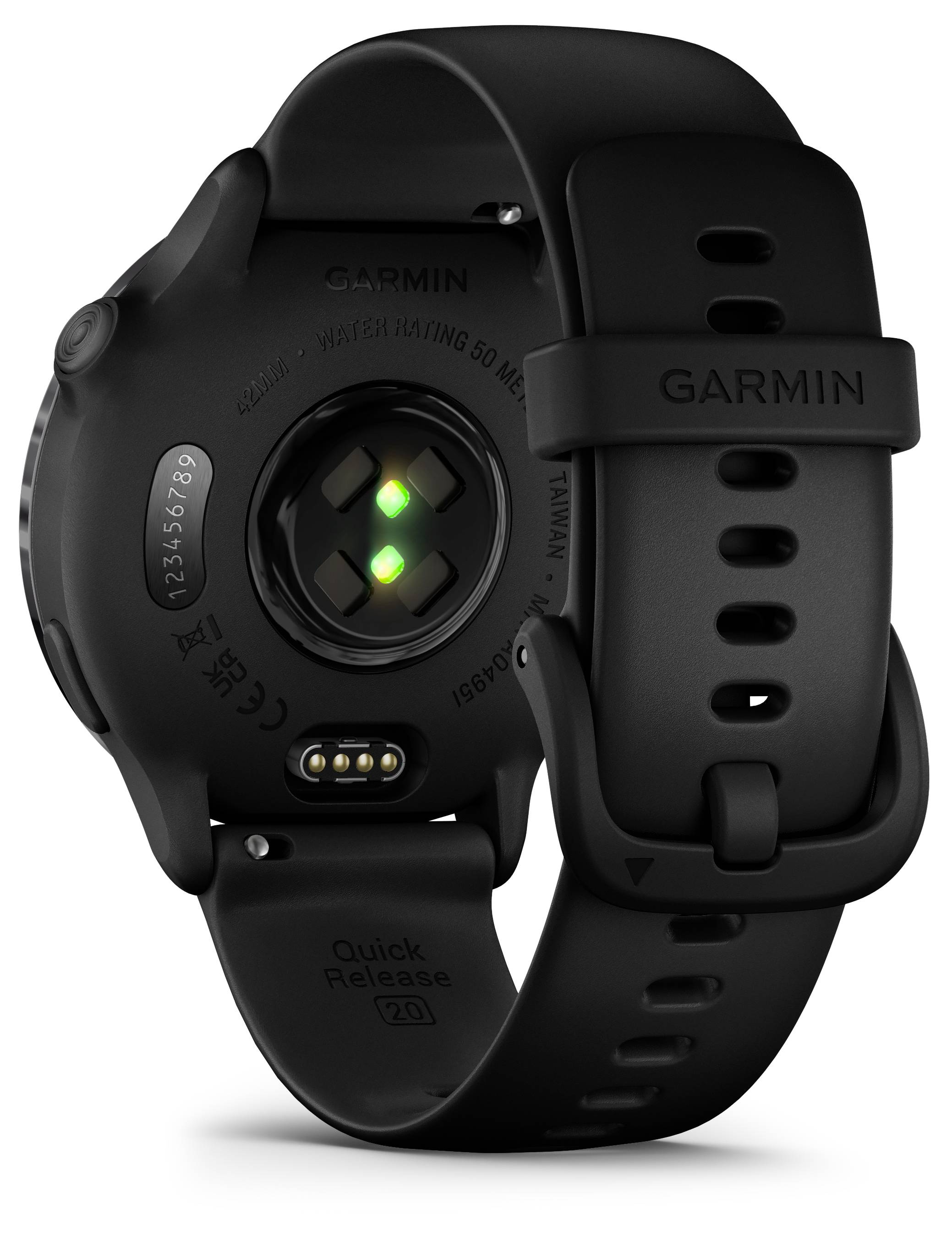 Rückseite einer schwarzen Smartwatch mit der Marke in der Mitte. Sichtbar sind der Herzfrequenzsensor und der Armbandverschluss.