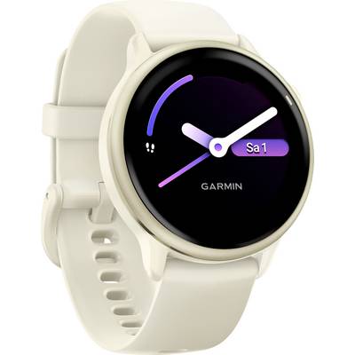 Smartwatch mit rundem Display, zeigt Uhrzeit und Datum an. Weißes Armband.