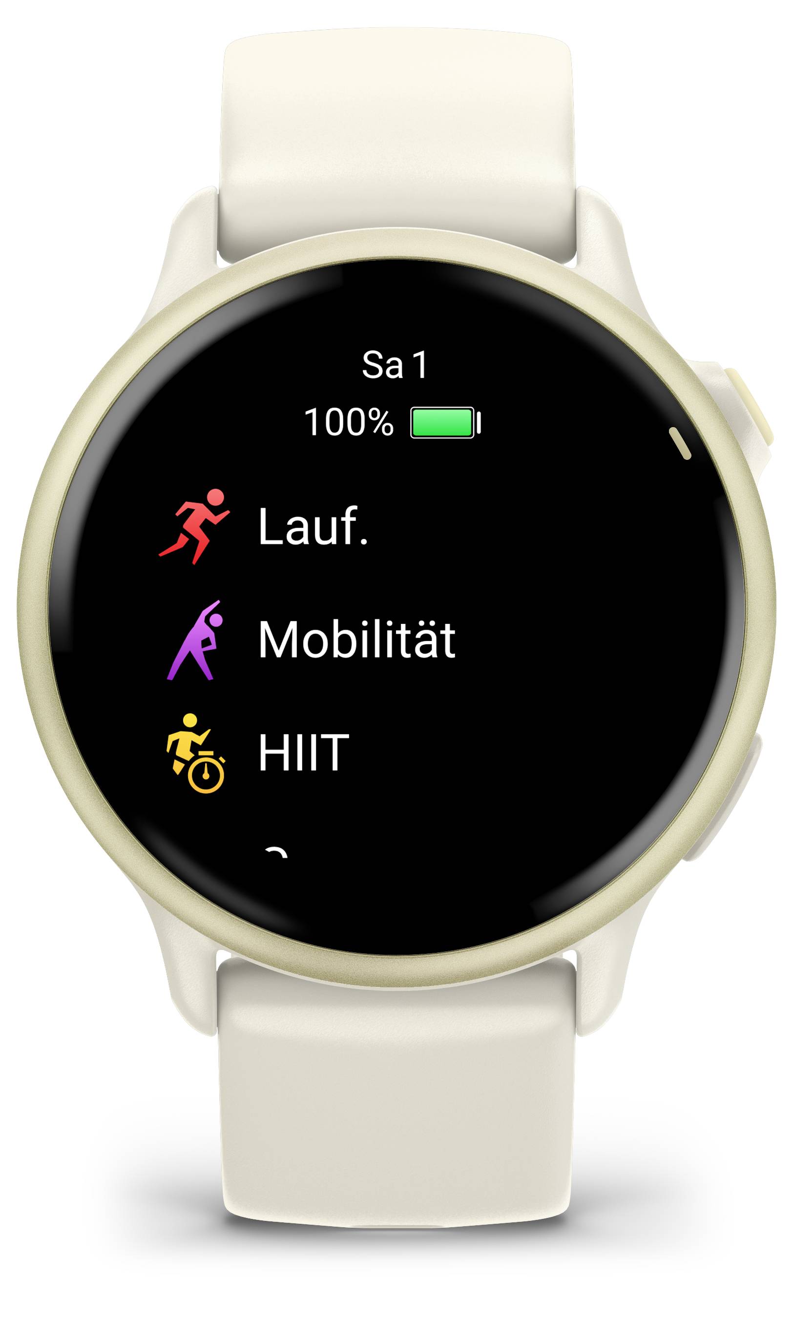 Smartwatch-Display zeigt Fitnessoptionen: 'Lauf', 'Mobilität', 'HIIT'. Oben eine Akkuladung von 100% und der Wochentag 'Sa'.