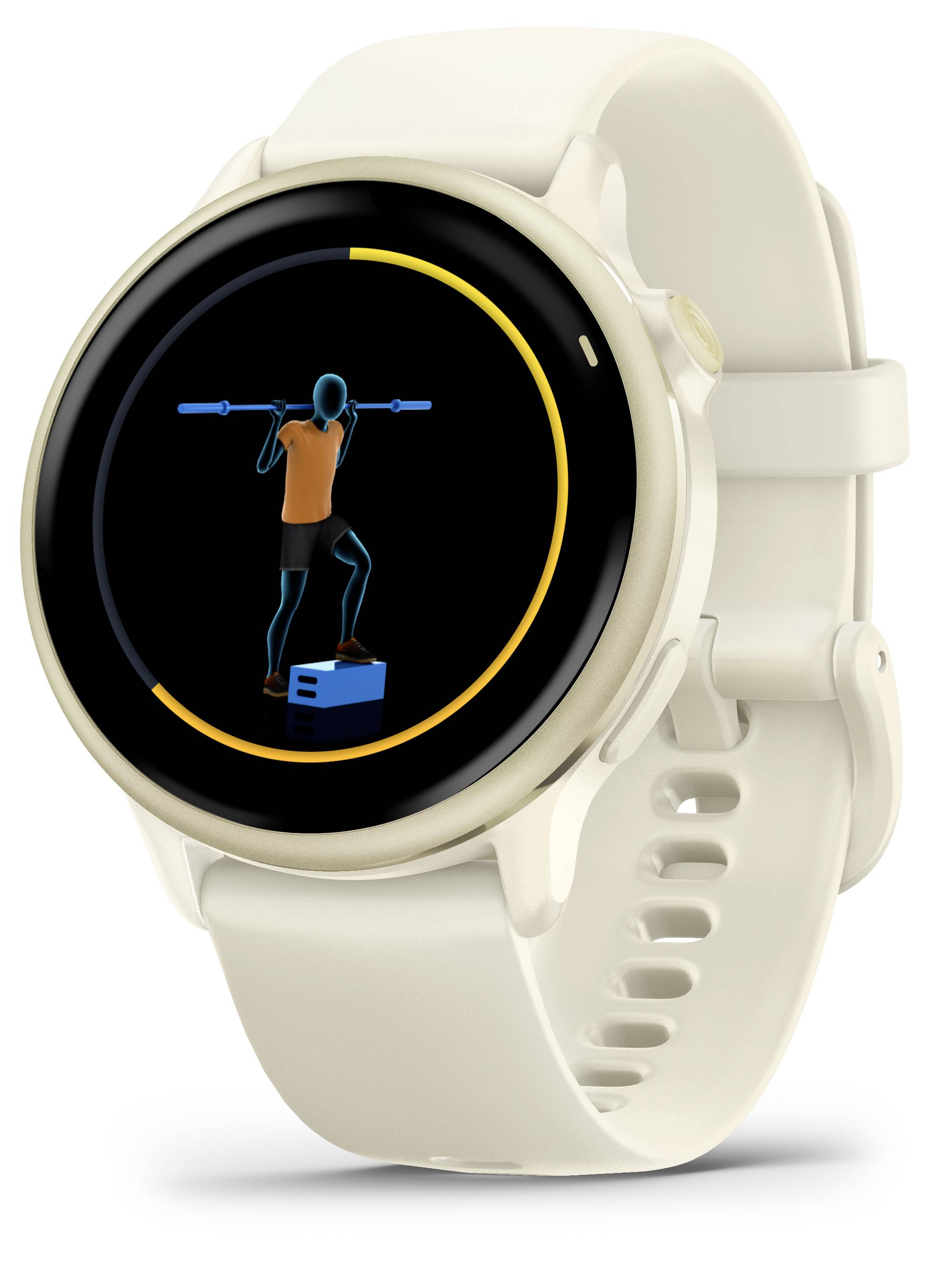 Weiße Smartwatch zeigt animierten Menschen beim Beintraining auf schwarzem Display.
