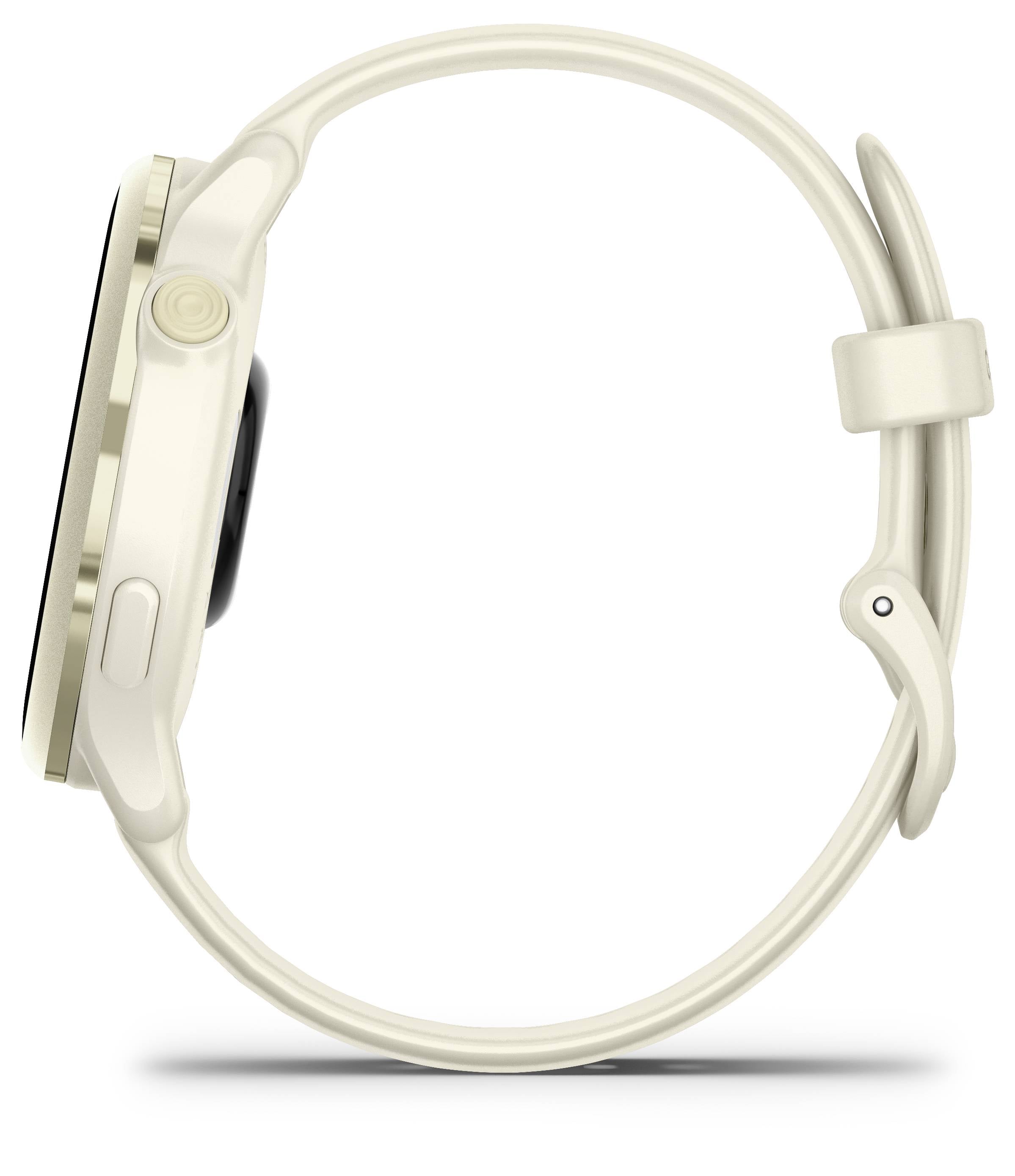 Seitenansicht einer cremefarbenen Smartwatch mit rundem Zifferblatt und Silikonarmband. Sie zeigt minimalistische, elegante Linien.