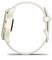 Seitenansicht einer cremefarbenen Smartwatch mit rundem Zifferblatt und Silikonarmband. Sie zeigt minimalistische, elegante Linien.
