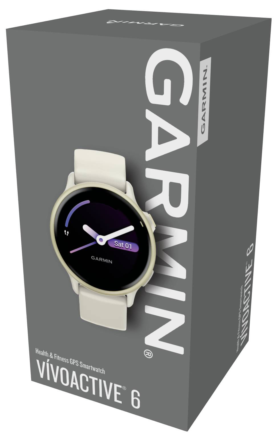 Verpackung einer Garmin Vivoactive 6 Smartwatch. Die Abbildung zeigt das Zifferblatt mit Uhrzeit und Datum.