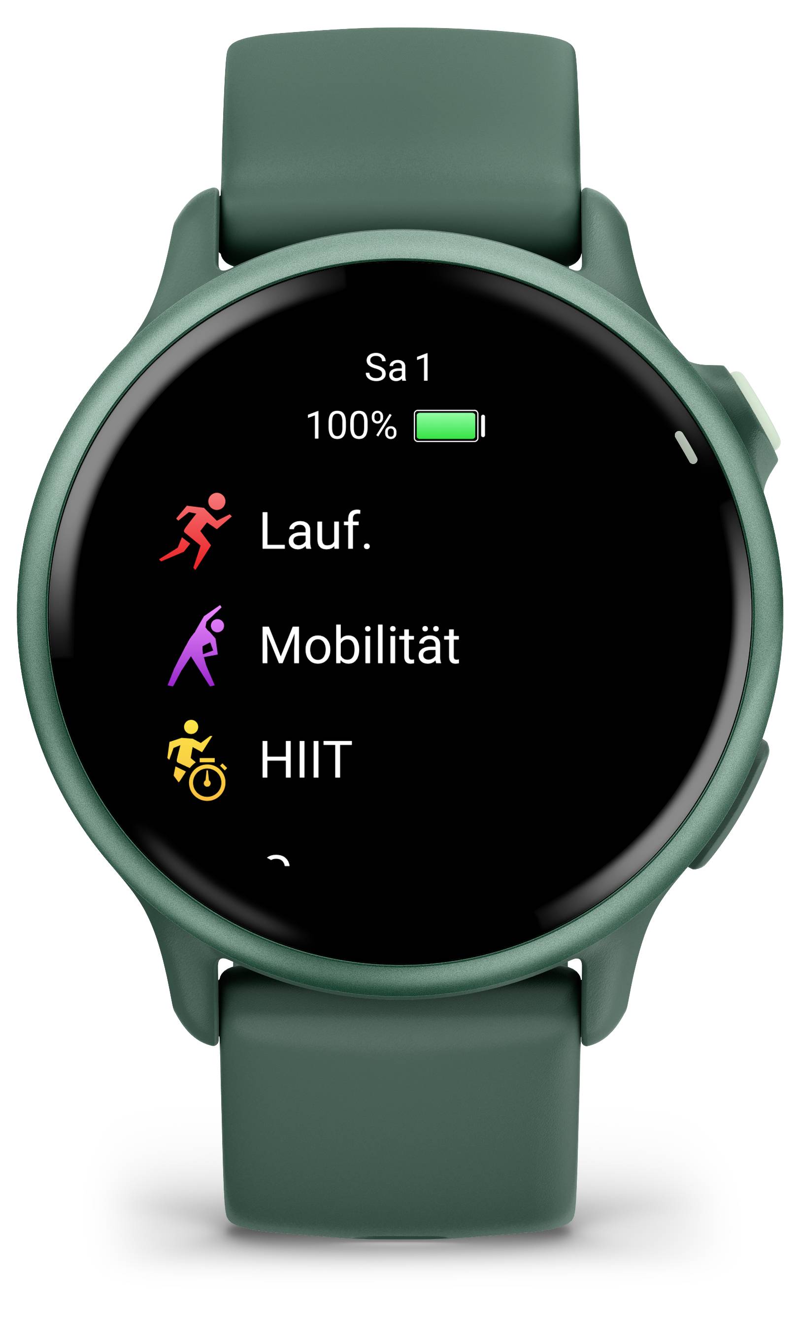 Grüne Smartwatch mit einem Display, das Trainingsmodi anzeigt: 'Lauf.', 'Mobilität', 'HIIT'. Oben ist der Akkustand bei 100%.