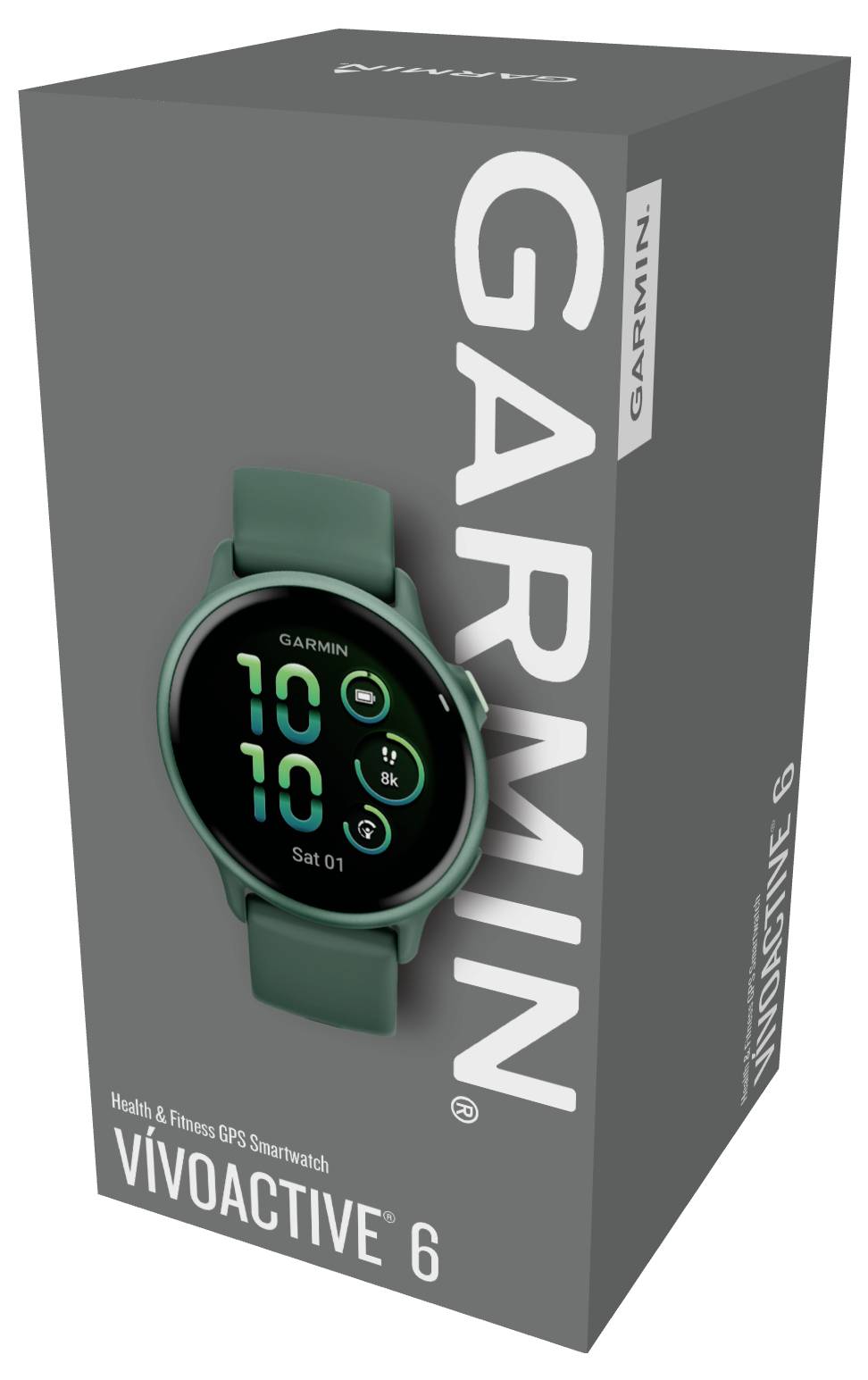 Verpackung einer Garmin Vivoactive 6 Smartwatch in Grün. Die Verpackung zeigt die Uhr mit digitalem Ziffernblatt und Menü-Icons.