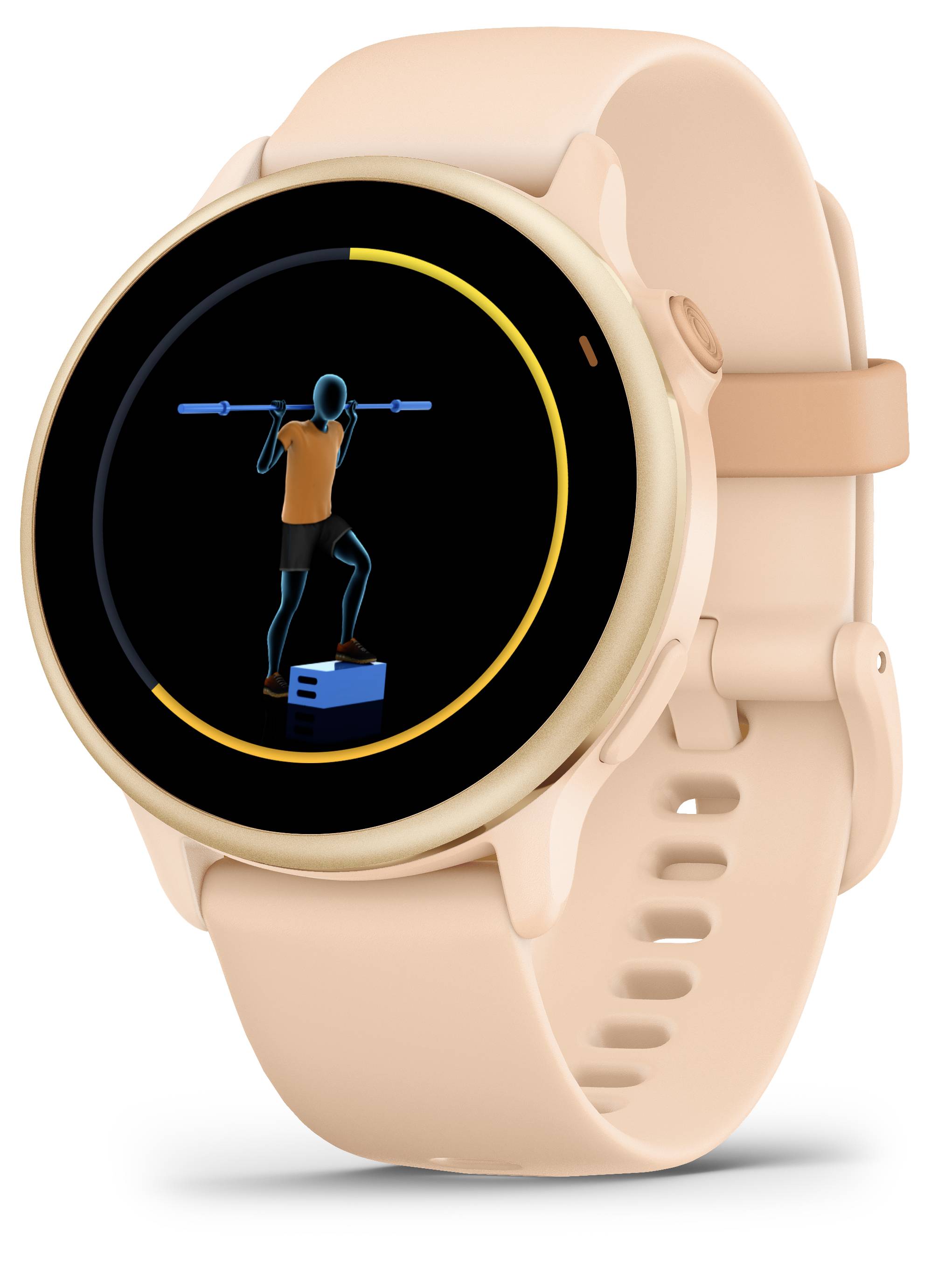 Eine Smartwatch mit einem Display, das eine Übung zeigt: Eine Person hebt eine Hantel und tritt auf eine Plattform.