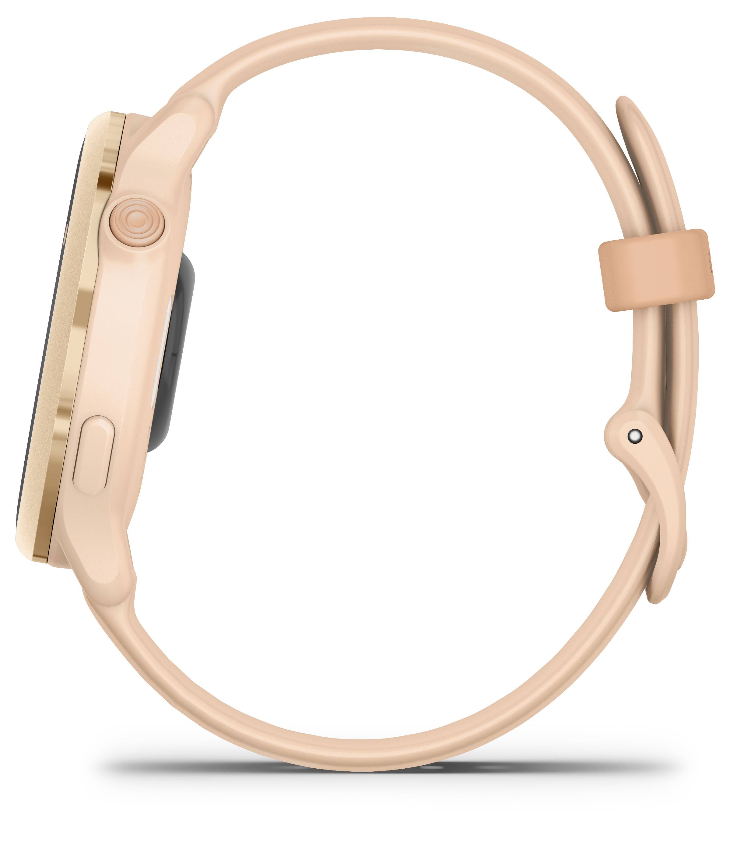 Seitenansicht einer smarten Armbanduhr in Roségold mit rundem Gehäuse und Silikonband.