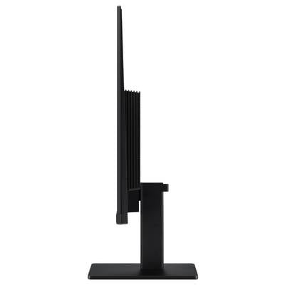 Seitenansicht eines schwarzen Flachbildschirms auf einem rechteckigen Ständer, der das dünne Profil des Displays und der Stützbasis zeigt.