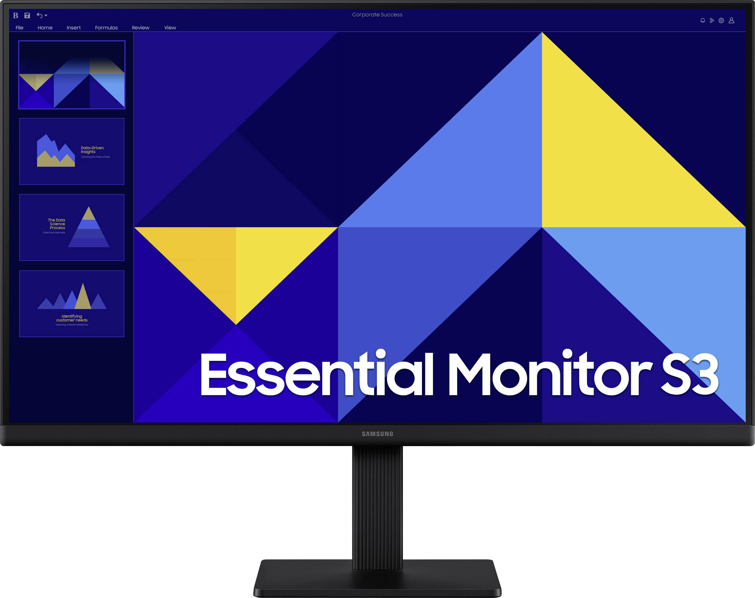 Samsung-Monitor zeigt einen blauen geometrischen Bildschirm mit gelben Dreiecken und dem Text „Essential Monitor S3", angezeigt in einer Desktop-ähnlichen Benutzeroberfläche mit Slide-Miniaturen auf der linken Seite.