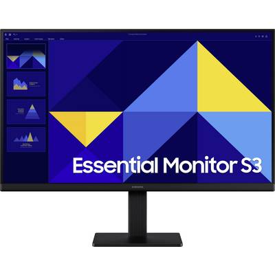 Samsung-Monitor zeigt einen blauen geometrischen Bildschirm mit gelben Dreiecken und dem Text „Essential Monitor S3", angezeigt in einer Desktop-ähnlichen Benutzeroberfläche mit Slide-Miniaturen auf der linken Seite.