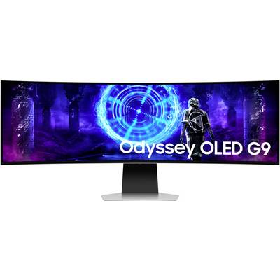 Ein breiter Curved-Monitor zeigt ein Sci-Fi-Motiv mit blauen Lichtern und einer Figur in futuristischer Kleidung. Text: 'Odyssey OLED G9'.