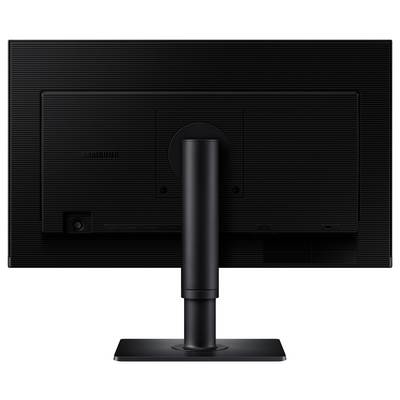 Ein schwarzer Computermonitor, von hinten gezeigt, mit einer rechteckigen Basis und einem vertikalen Trägerstativ.