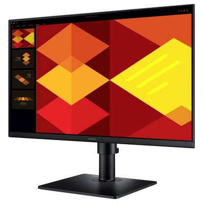Ein Computermonitor, der ein lebendiges geometrisches Muster aus sich überschneidenden roten und orangefarbenen Rauten vor einem schwarzen Hintergrund zeigt.