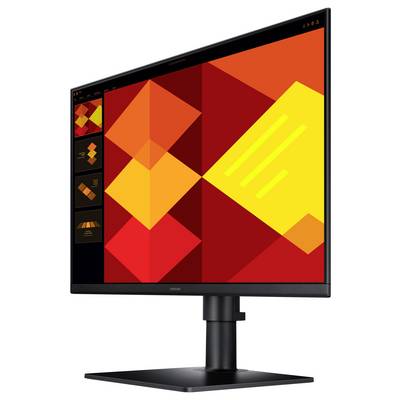 Ein Computermonitor, der ein buntes geometrisches Muster mit roten, orangefarbenen und gelben Formen auf einem schwarzen Ständer zeigt.