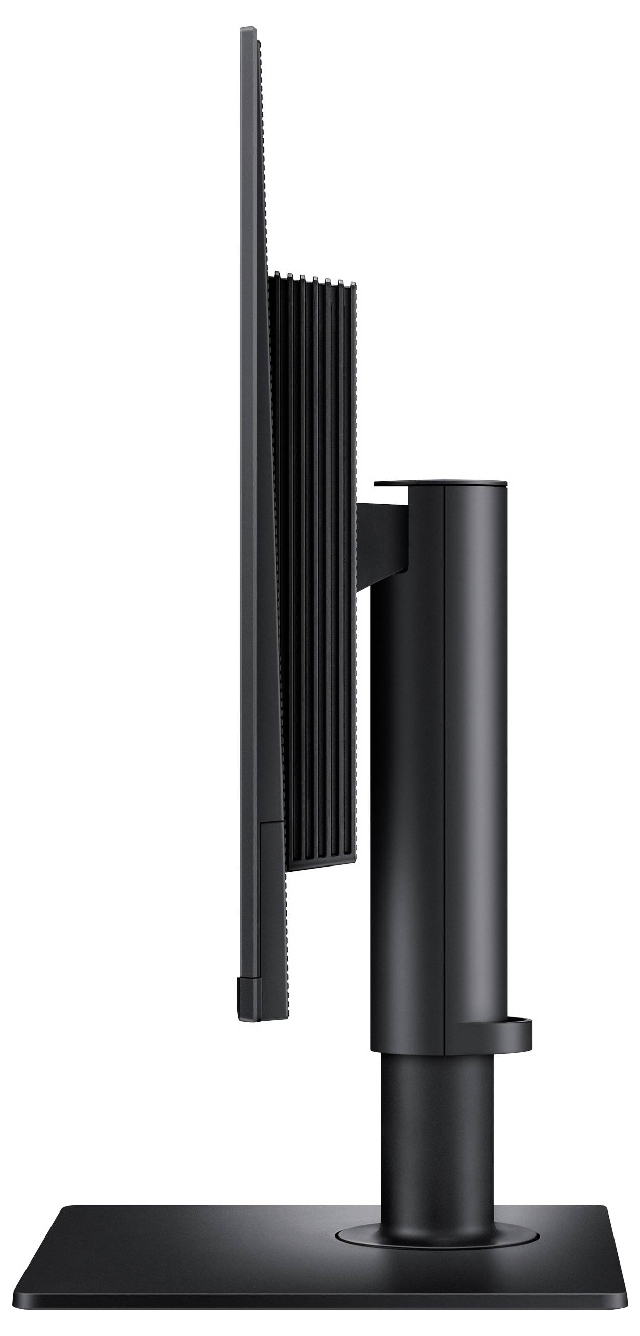 Seitenansicht eines schlanken schwarzen Computermonitors auf einem rechteckigen Ständer, der seine schmale Silhouette und verstellbare vertikale Position zeigt.