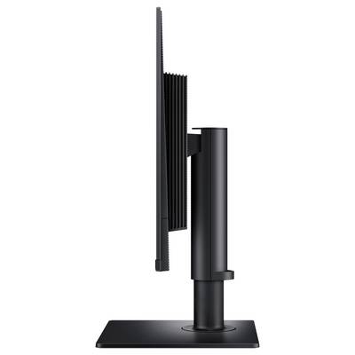Seitenansicht eines schlanken schwarzen Computermonitors auf einem rechteckigen Ständer, der seine schmale Silhouette und verstellbare vertikale Position zeigt.