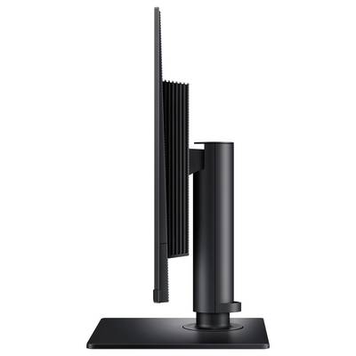 Eine Seitenansicht eines modernen schwarzen Computermonitors mit schlankem Profil und verstellbarer Halterung.