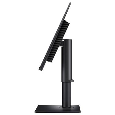 Gekippter schwarzer Monitor auf verstellbarem Ständer, Seitenansicht. Minimalistisches Design zeigt schlankes Profil und eleganten Ständer mit sichtbarem Neigungsmechanismus.