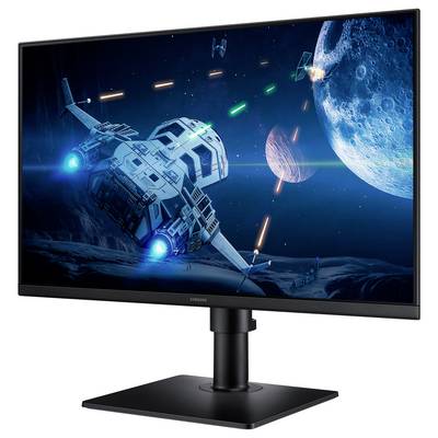 Raumschiff in einer Kampfszene auf einem Computermonitorbildschirm, mit Lasern, Planeten und einem Mond in einer Science-Fiction-Umgebung.