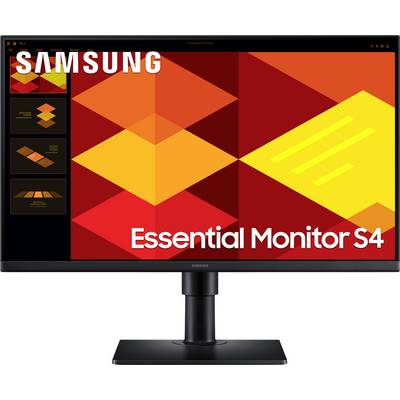 Ein Samsung-Monitor zeigt bunte geometrische Formen. Text auf dem Bildschirm: 'Essential Monitor S4'.