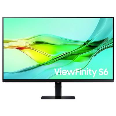 Ein Monitor mit schwarzem Rahmen und Standfuß. Auf dem Bildschirm ist ein abstraktes, farbenfrohes Design in Grün- und Gelbtönen zu sehen.