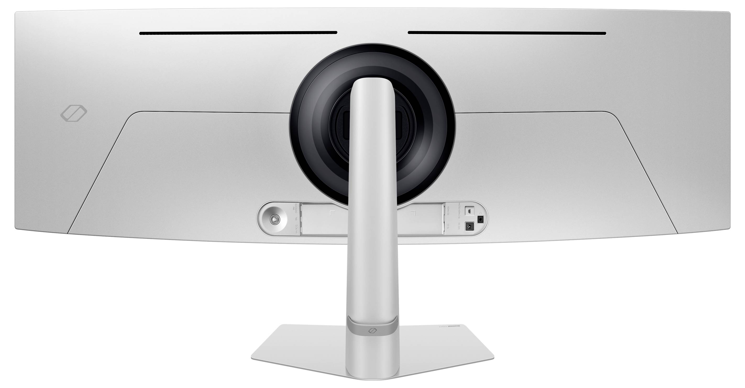 Rückansicht eines ultrabreiten, gebogenen Computermonitors auf einem Standfuß. Der Monitor ist in einem modernen, schlichten Design gehalten.