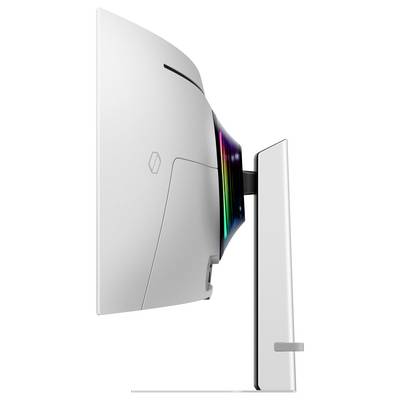Einseitige Ansicht eines modernen, gebogenen Monitors mit beleuchtetem Rand. Schlichtes, weißes Design mit schmalem Standfuß.