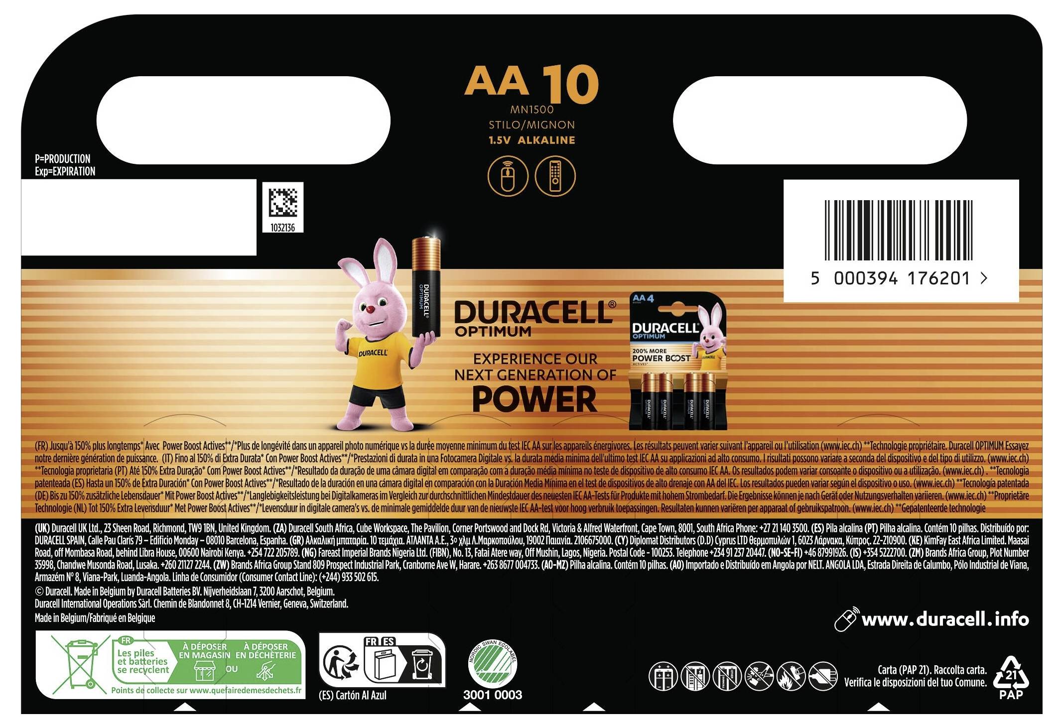 „Duracell Optimum AA"-Batterienpaket mit dem Duracell-Hasen und einer Batterie. Text: „Erleben Sie unsere nächste Generation von Energie."