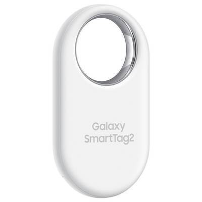 Ein weißer Galaxy SmartTag2 Tracker mit abgerundeter Form und einem Loch zum Befestigen an Gegenständen.