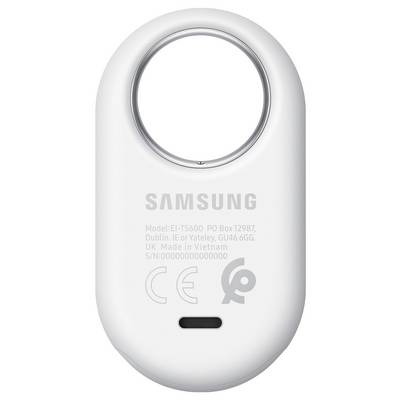 Tracking-Gerät mit einer kreisförmigen Oberseche, mit der Aufschrift "Samsung", auf der Rückseite mit Modellnummer, Adressdetails und einer Seriennummer gekennzeichnet.