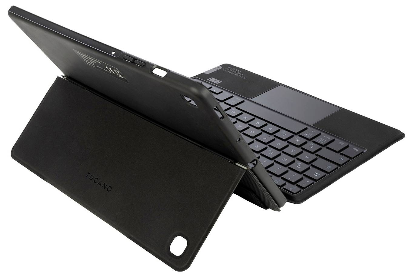 Ein Laptop mit abnehmbarer Tastatur in einem schwarzen Gehäuse steht aufrecht im Tablet-Modus.