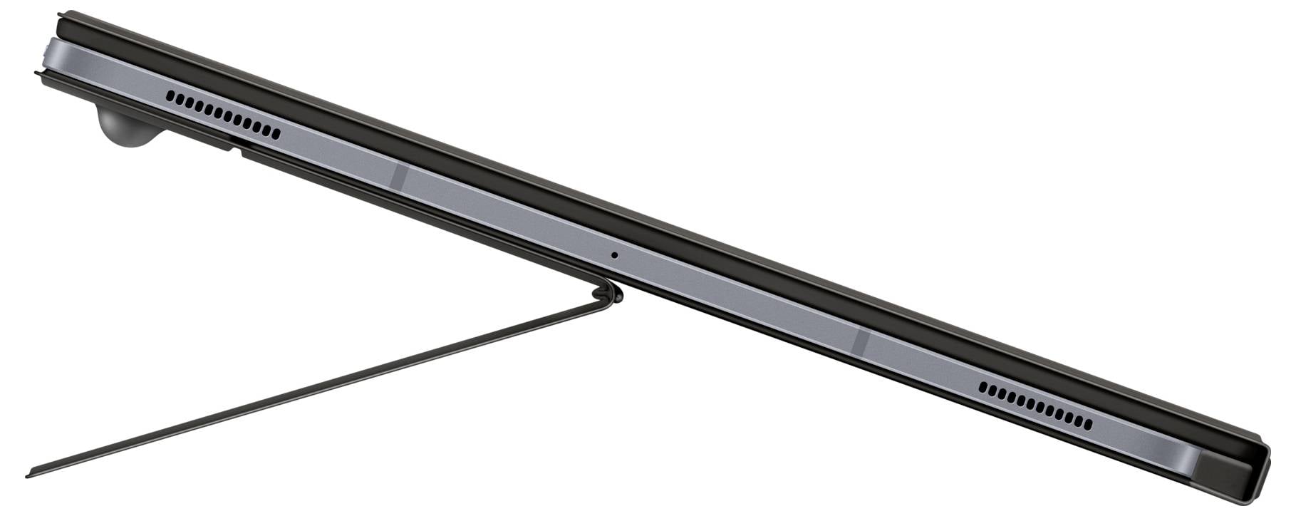 Seitenansicht eines dünnen, schlanken schwarzen Laptops mit ausgefahrenem Ständer, der seine Mobilität und modernes Design hervorhebt.