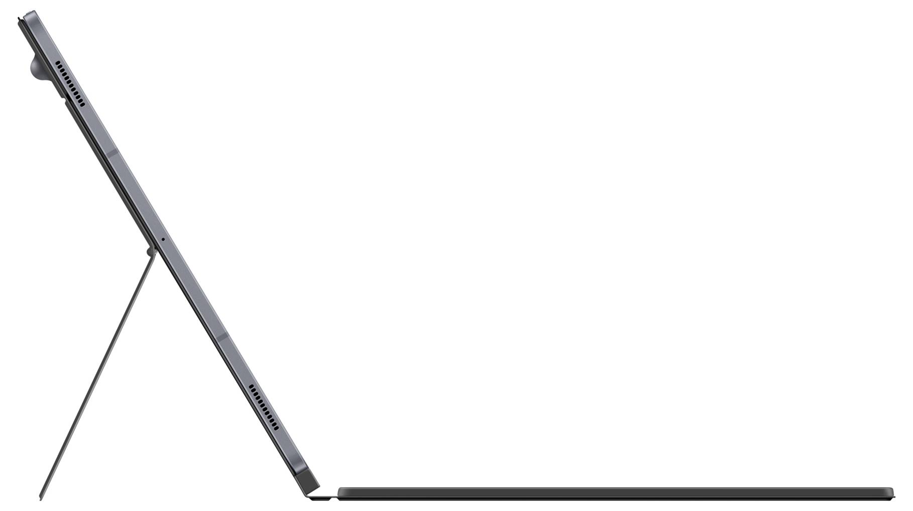 Eine Seitenansicht eines Samsung-Tablets mit Tastaturanbindung in einer laptopähnlichen Konfiguration, die das dünne Profil des Geräts und den Ständer zeigt.