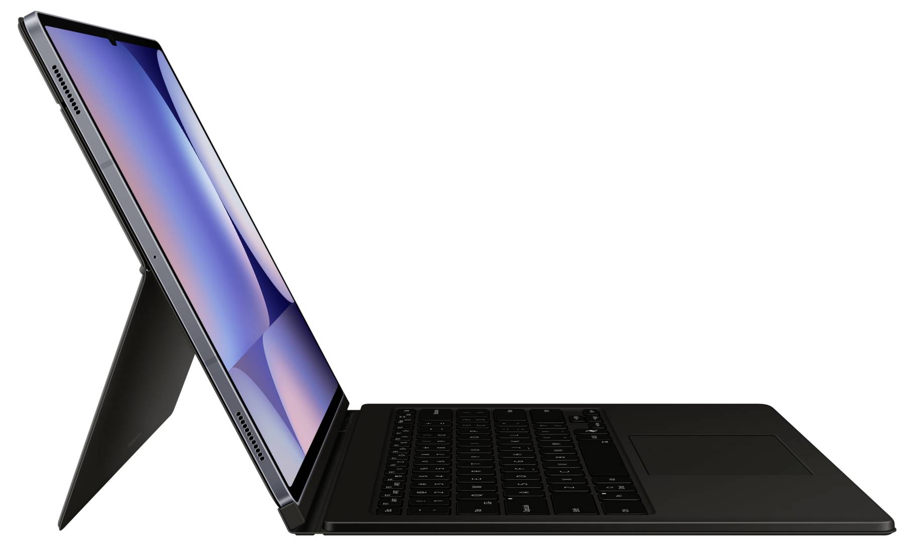 Ein Tablet-Computer auf einem Ständer mit angeschlossener Tastatur, der einen Verlaufsdisplay zeigt.
