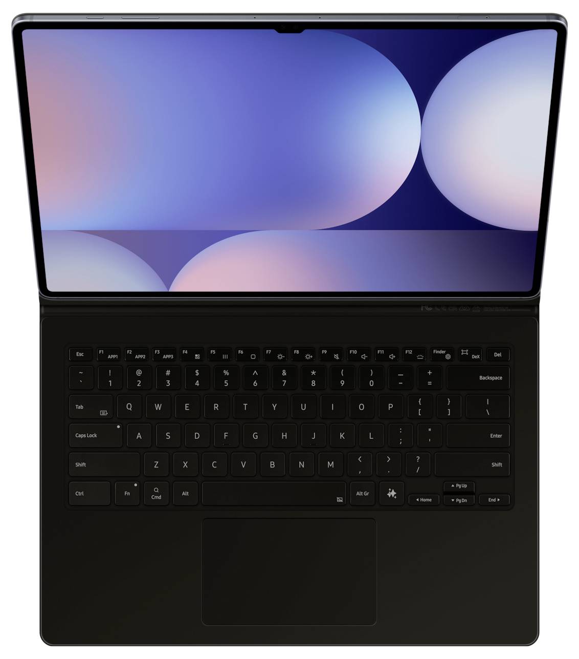 Ein schlanker Laptop mit einer schwarzen Tastatur und einem Bildschirm, der einen ruhigen abstrakten Hintergrund mit sich überlappenden Pastellkreisen zeigt.