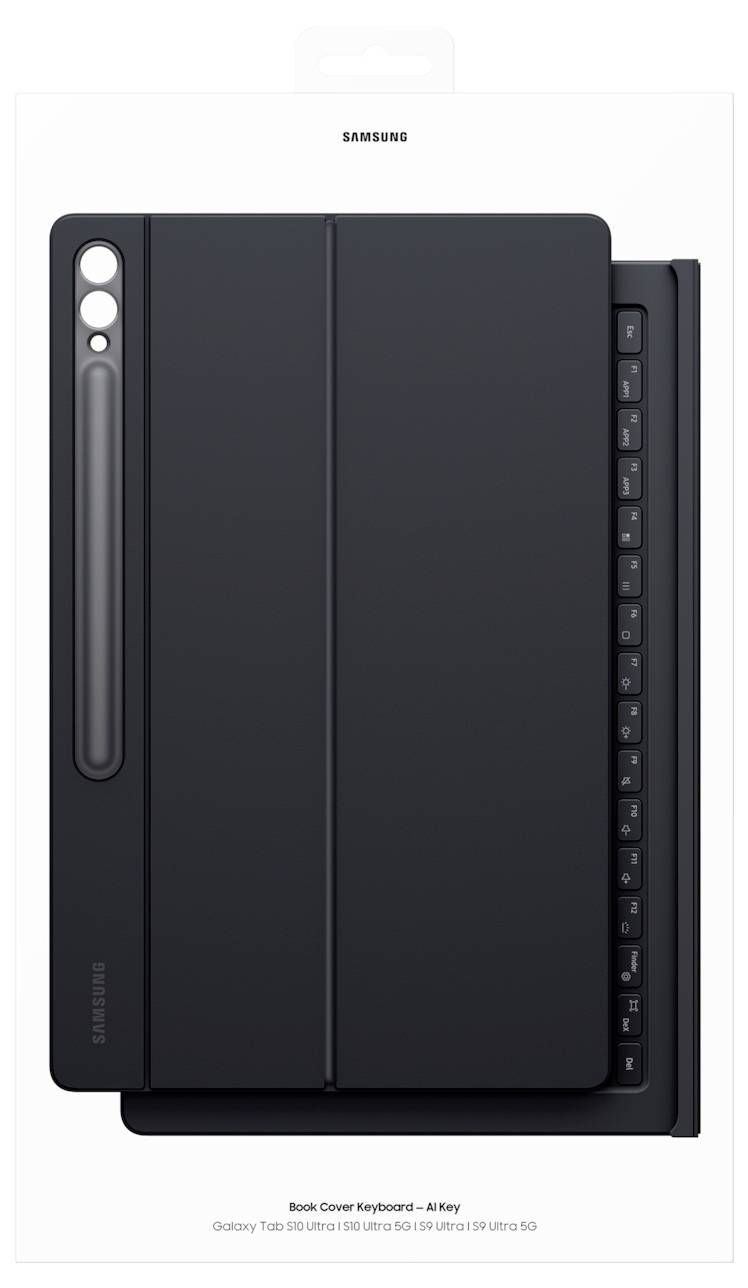 Tastaturhülle für Samsung Galaxy Tab S9 Ultra mit Stifthalter, geschlossen dargestellt, wobei die Tastatur teilweise sichtbar ist.