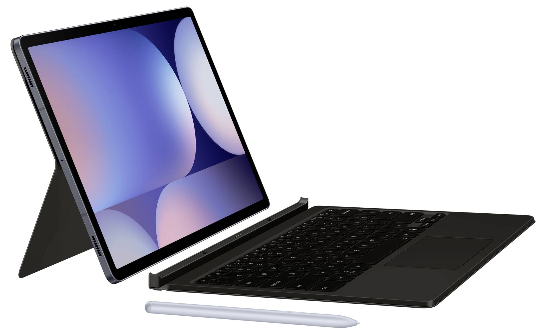 Ein Tablet mit einem Bildschirm, auf dem abstrakte Formen zu sehen sind, steht auf einem Ständer und wird von einer abnehmbaren Tastatur und einem Eingabestift begleitet.