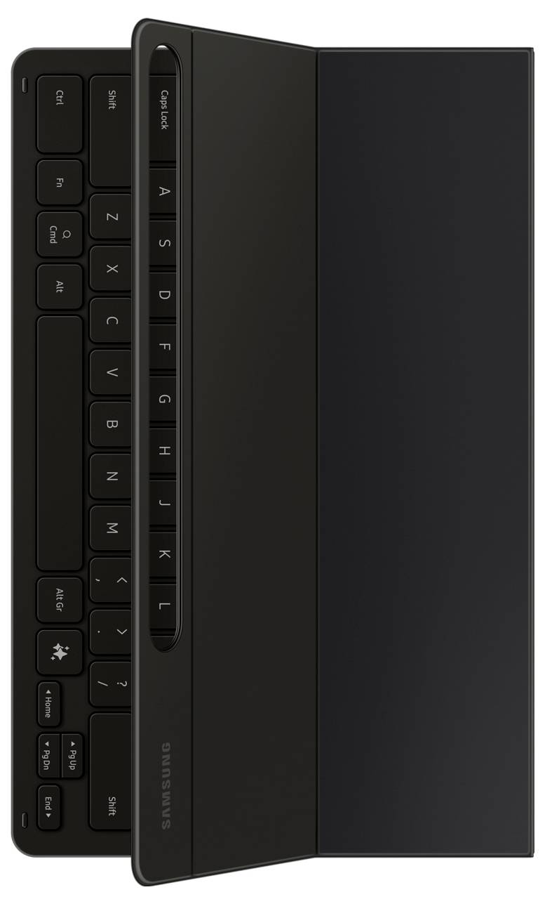 'Schwarzes Tablet mit angeschlossener Tastatur, ausgestattet mit Buchstaben- und Symboltasten, entwickelt für ein nahtloses Tippererlebnis mit mobilen Geräten.'