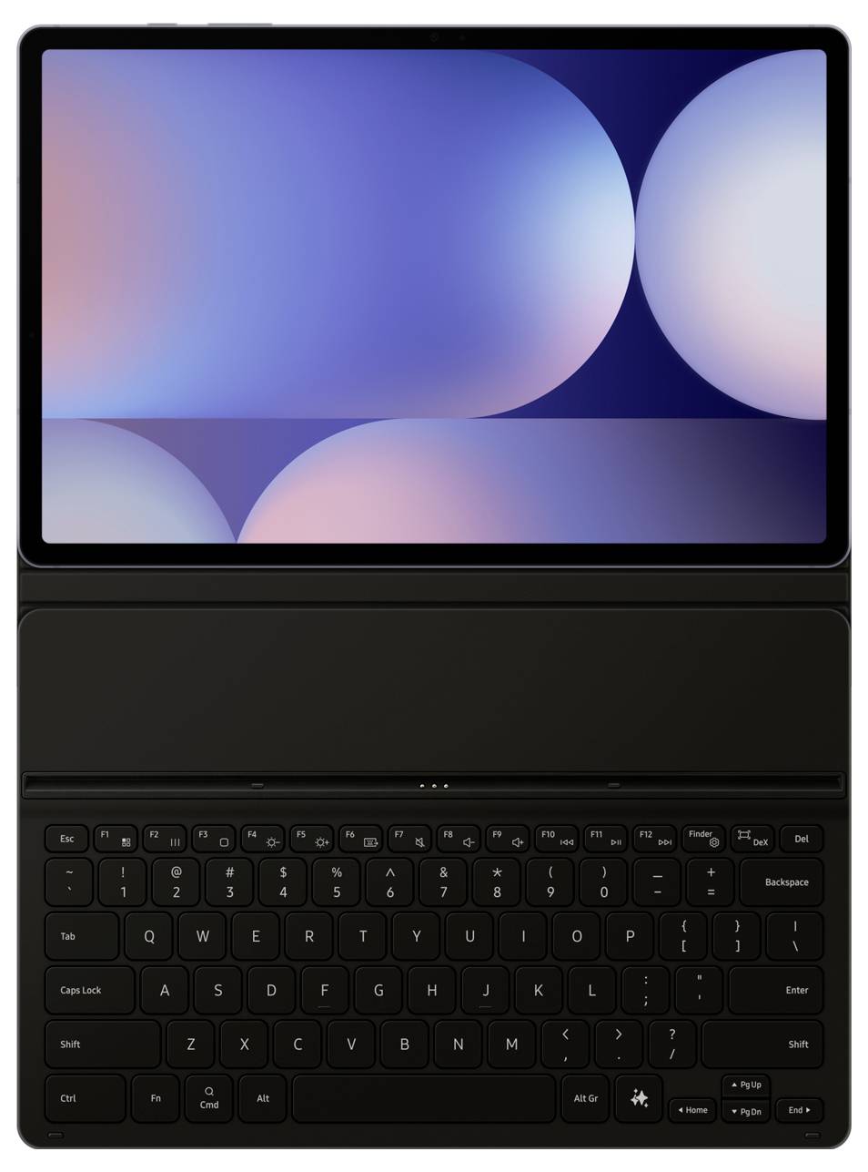 Tablet mit einer Tastatur, auf dessen Bildschirm ein abstrakter Hintergrund in Blau- und Rosatönen mit Verlaufseffekt zu sehen ist. Geeignet für professionelle Anwendungen.