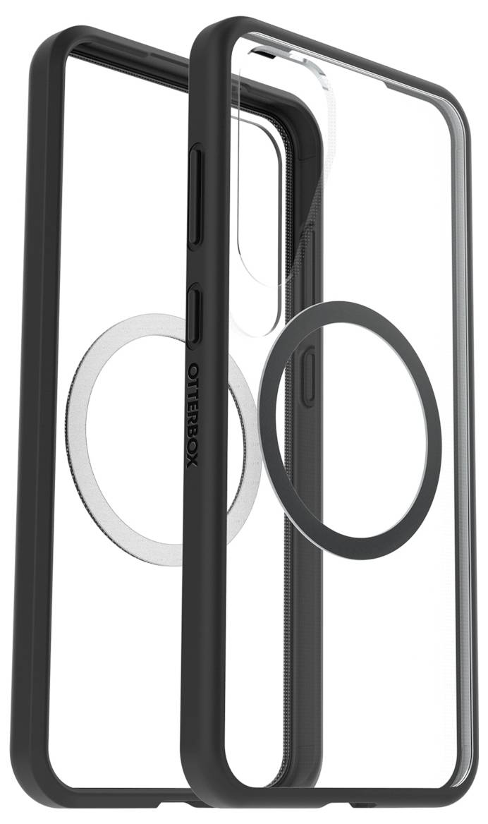 Eine transparente Handyhülle mit schwarzem Rand und einem kreisförmigen magnetischen Ring auf der Rückseite für eine sichere Befestigung an magnetischen Zubehörteilen.