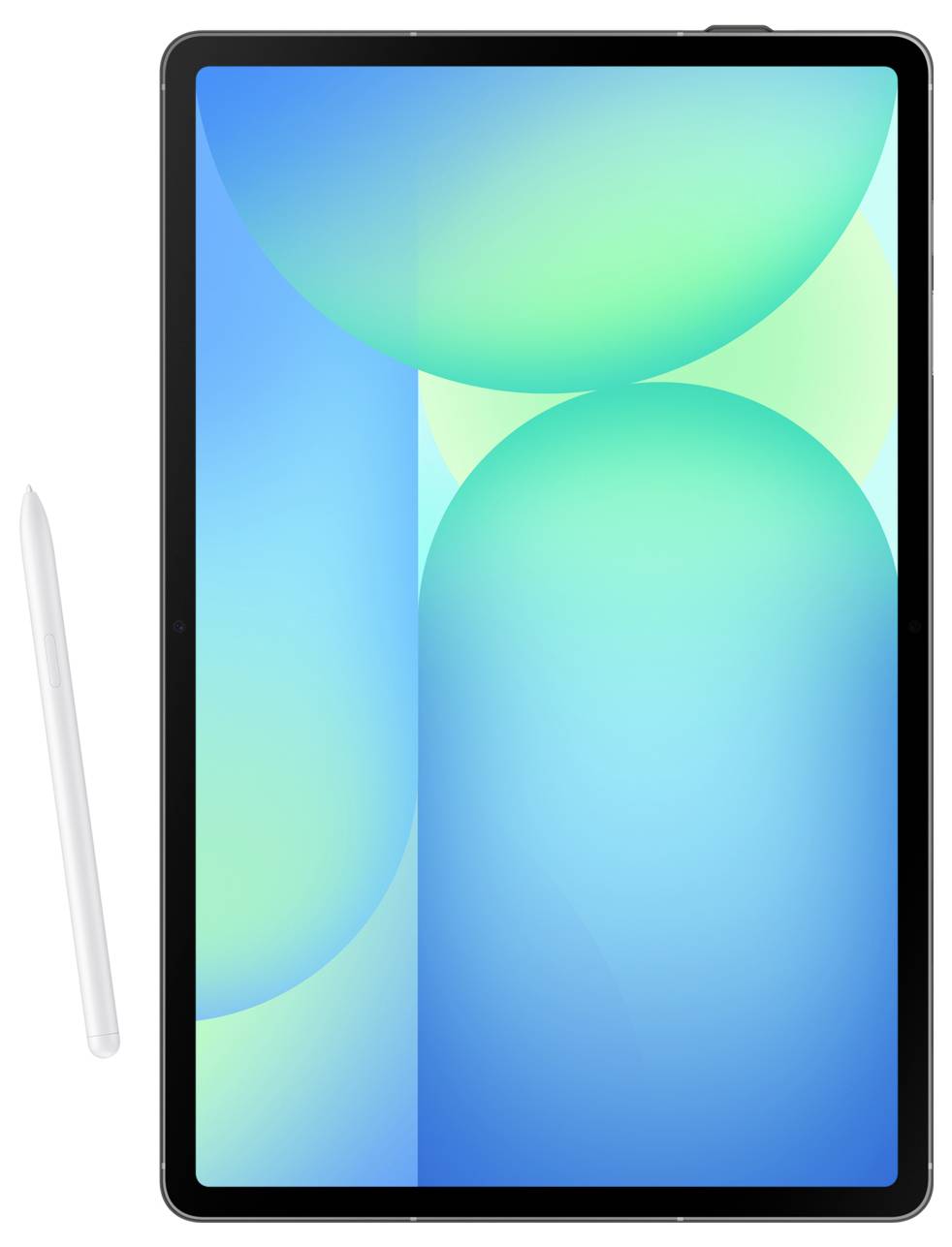 'Bild eines Tablets mit einem Stylus auf der linken Seite. Der Bildschirm des Tablets zeigt abstrakte blaue und grüne Formen.'