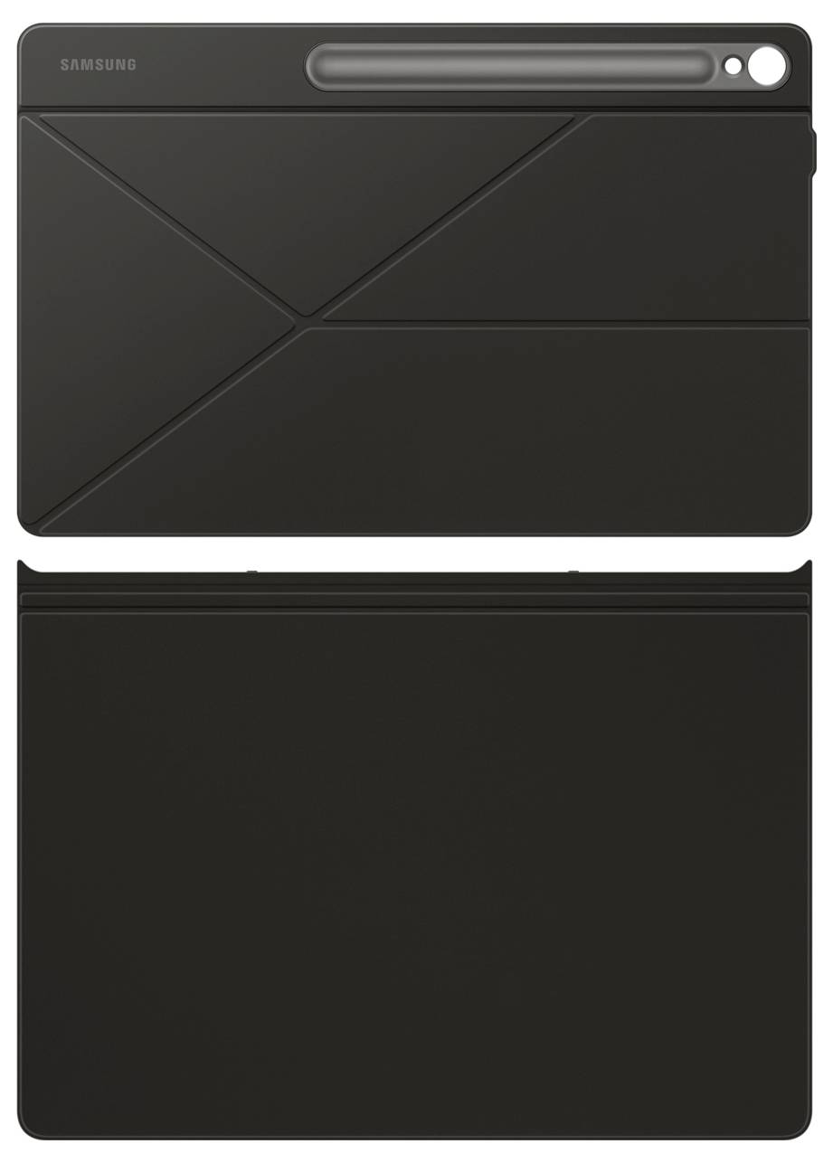 Draufsicht eines schwarzen Tablet-Etuis mit gefalteter Konstruktion und einem Schlitz für einen Stylus oder Stift.