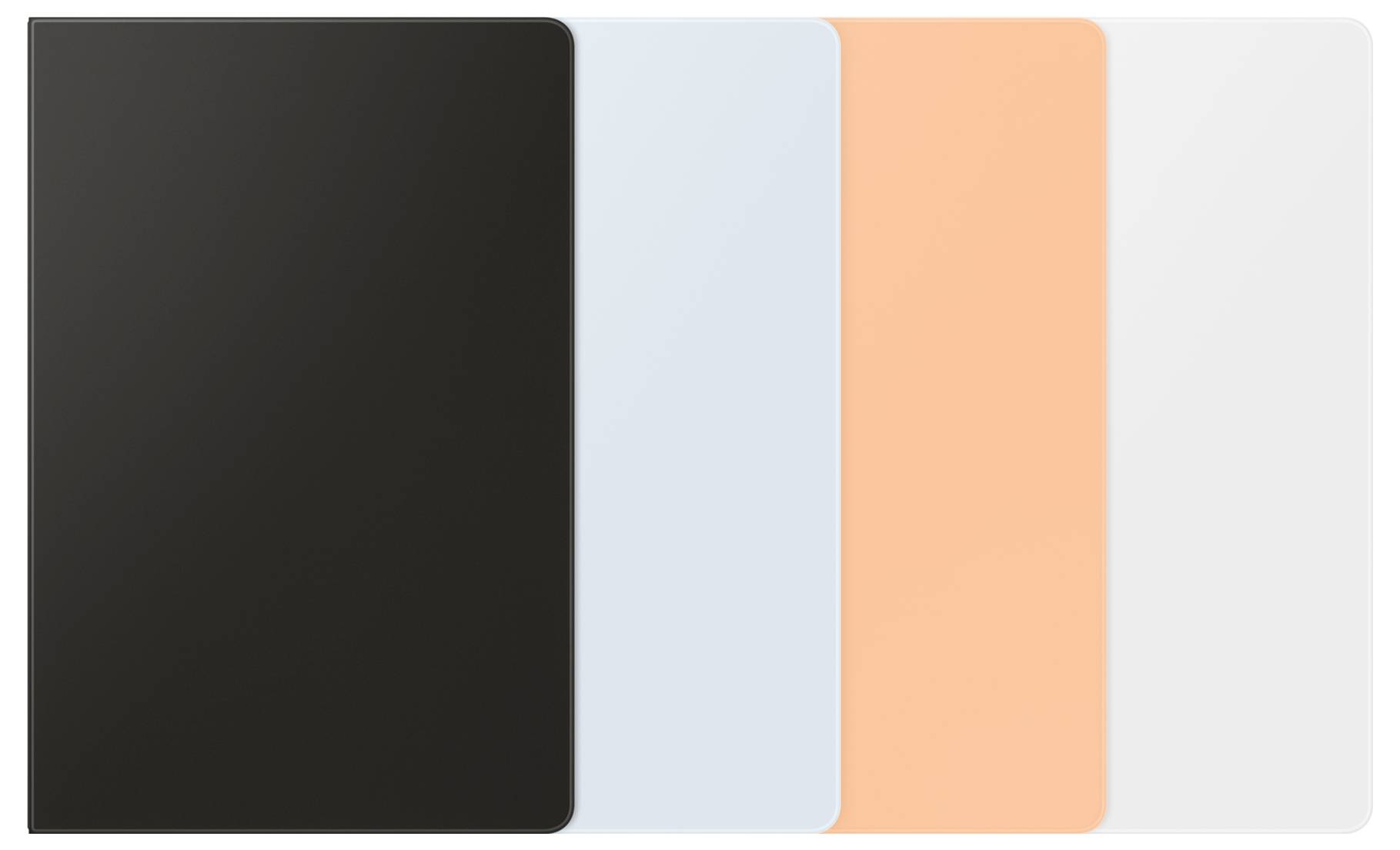 Vier geschlossene Notizbücher in verschiedenen Farben: schwarz, hellblau, orange und weiß, nebeneinander angeordnet.