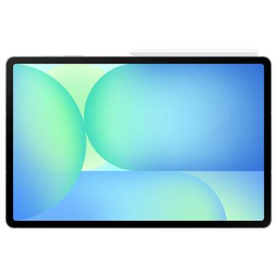Eine Tablette mit einem Stylus oben drauf, die ein helles abstraktes Design mit überlappenden blauen und grünen Kreisen zeigt, das eine ruhige, moderne Ästhetik erzeugt.
