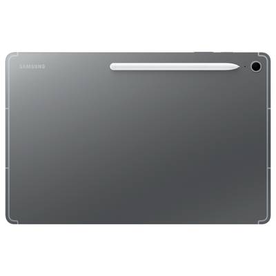 Ein Samsung-Tablet in Querformat mit einem weißen Stylus, der magnetisch an der Rückseite befestigt ist.