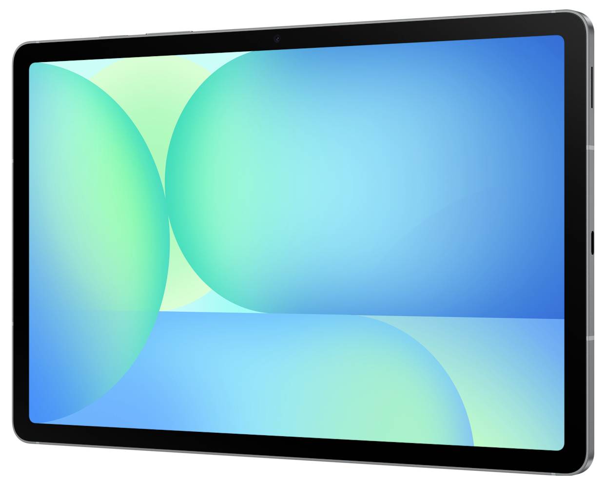 Ein Tablet zeigt ein lebendiges abstraktes Design mit sich überlappenden petrolblauen und blauen kreisförmigen Formen vor einem Verlaufshintergrund in Blau.