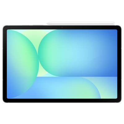 Ein Tablet-Display zeigt ein abstraktes Design mit überlappenden blauen und grünen Kreisen, was eine lebendige und moderne Schnittstelle andeutet. Ein Eingabestift liegt darauf.